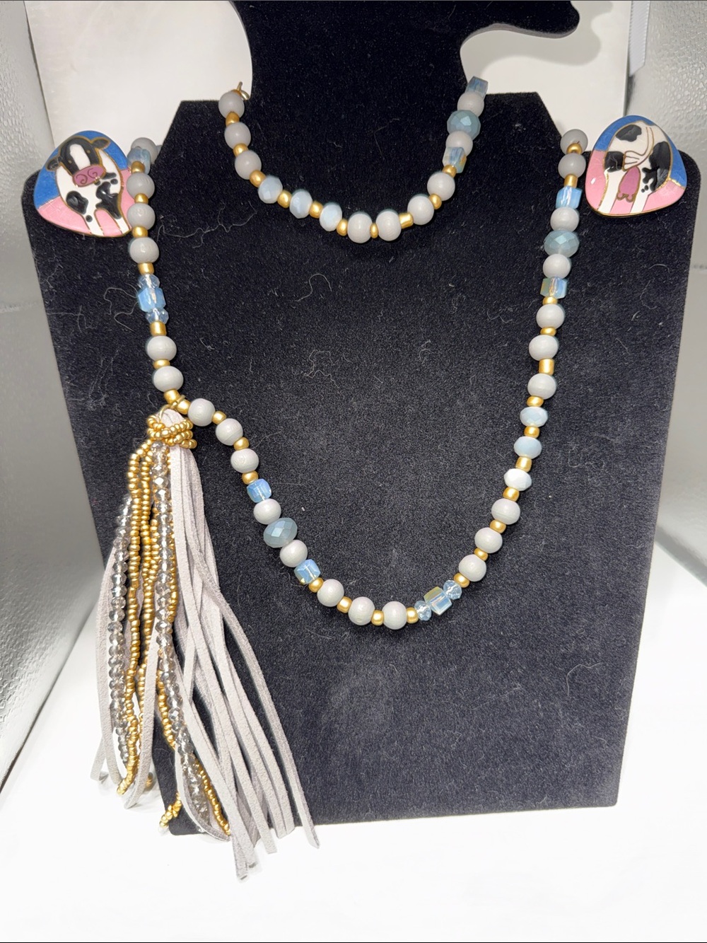 Beaded Tassel Necklace with Pink Cow Earrings